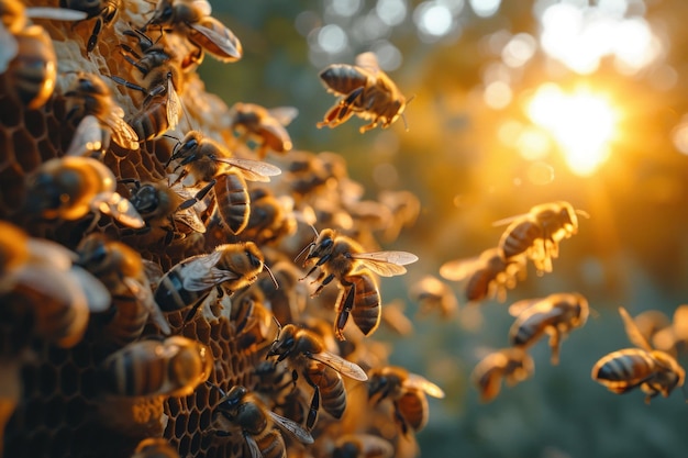 Photo bees buzzing around their hives as the first light of day bathes the scene in a warm glow