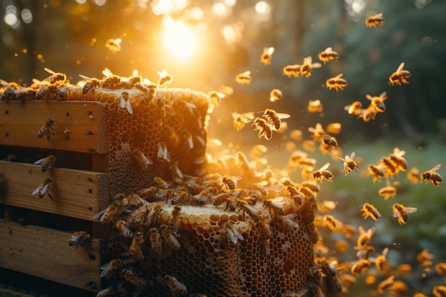 Bees buzzing around their hives as the first light of day bathes the scene in a warm glow