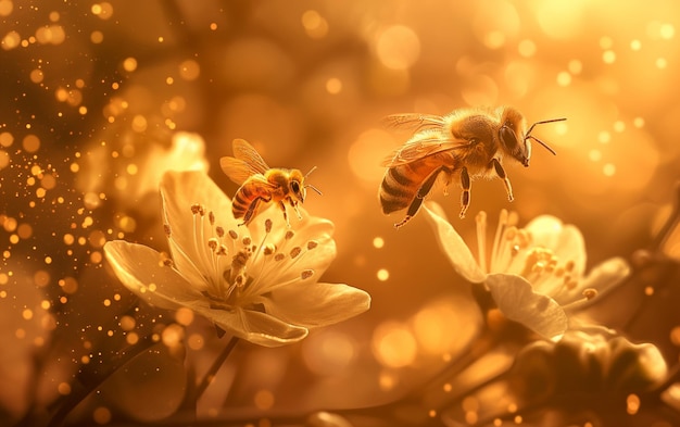 Photo bees collect honey from flowers generative ai