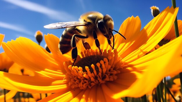Bees collect nectar from chrysanthemum flowers