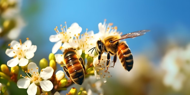 Api che raccolgono il nettare sui fiori contro il cielo blu di sfondo ia generativa