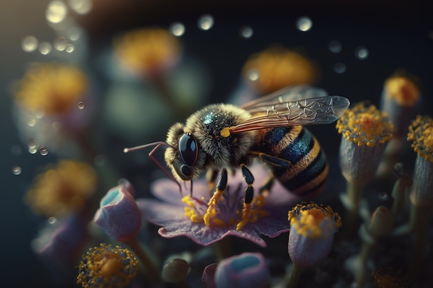 꿀벌은 자연에서 꽃에 꿀을 수집합니다 꿀을 먹이는 꿀벌의 근접 촬영