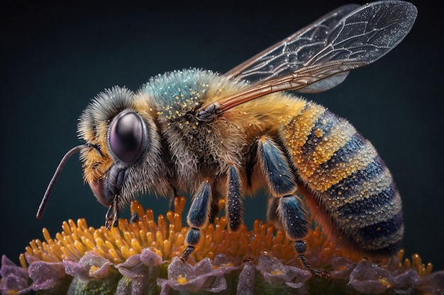 A bees collects honey on flowers on nature Closeup of a honey bee feeding nectar Multicolored flowering summer meadow Golden lush blooming wildflower meadow with wild herbs and flowers