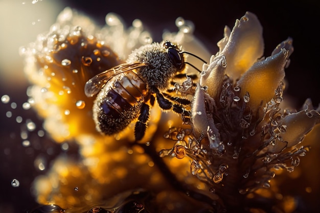 A bees collects honey on flowers on nature Closeup of a honey bee feeding nectar Multicolored flowering summer meadow Golden lush blooming wildflower meadow with wild herbs and flowers