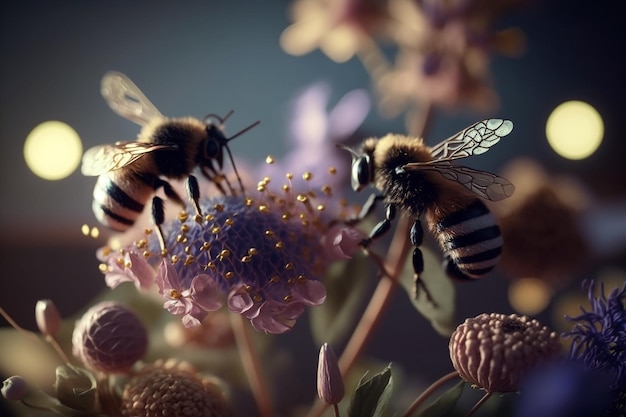 A bees collects honey on flowers on nature Closeup of a honey bee feeding nectar Multicolored flowering summer meadow Golden lush blooming wildflower meadow with wild herbs and flowers