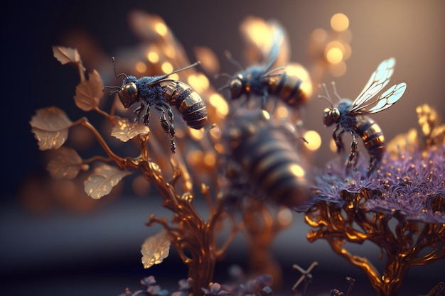Пчелы собирают мед на цветах на природе Крупный план медоносной пчелы, кормящей нектаром Разноцветный цветущий летний луг Золотой пышный цветущий полевой луг с дикими травами и цветами