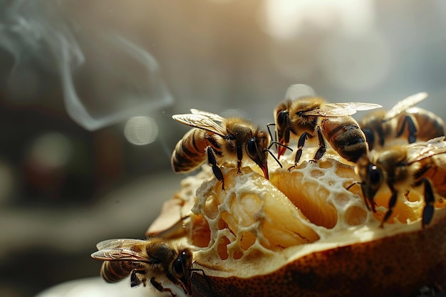 Bees congregating on a piece of fruit left out in the sun