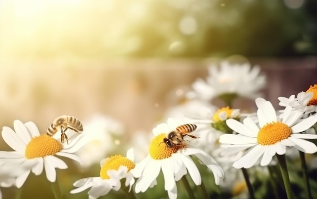 Bees on a daisy flower with a blurry background