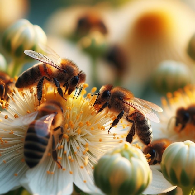 Фото Пчелы усердно собирают нектар и пыльцу, способствуя экосистеме, опыляя цветы.