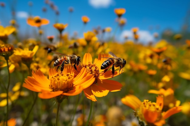 Bees on a flower in a field of flowers