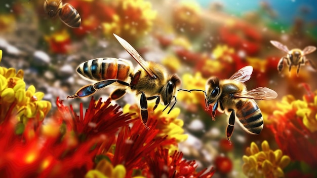 Bees on a flower field with a colorful background