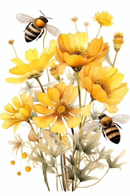 Bees and Flower Watercolor