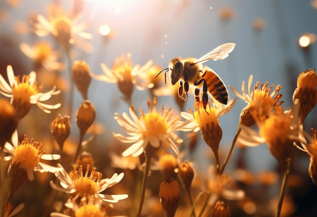 bees on flowers in the spring sun over beautiful cloud sky in the style of miki asai backlight