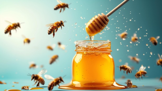 写真 ミツバチは開いた水瓶の周りを飛び回る青い背景の蜂蜜とミツバチのための木製のスプーン