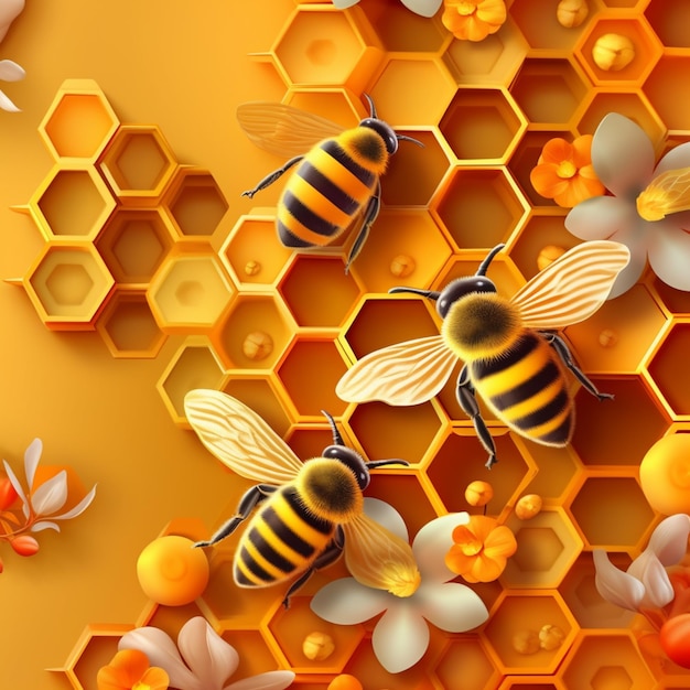 Bees flying over a honeycomb with flowers and honey generative ai