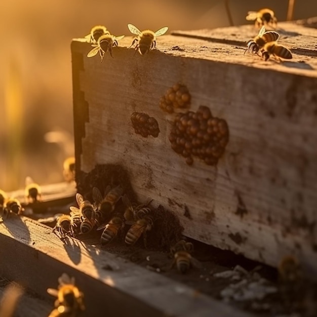 Bees flying in the sunset