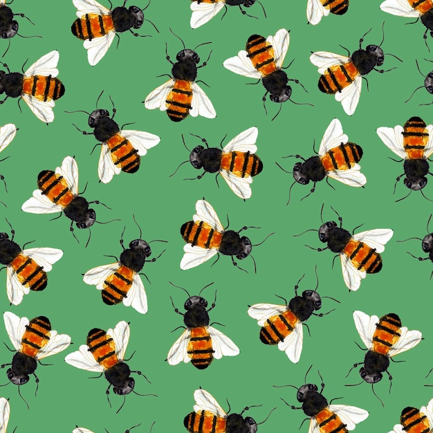 Bees on green watercolor seamless pattern Template for decorating designs and illustrations