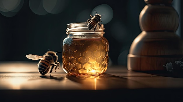 Bees on a honey jar with a light shining on it