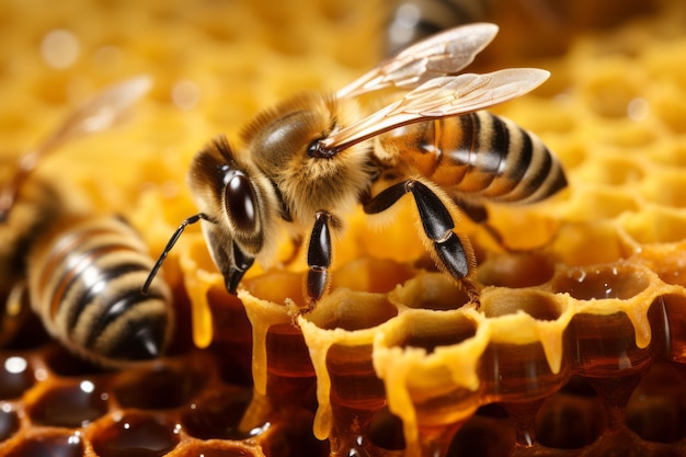 bees and honeycomb on a beehive