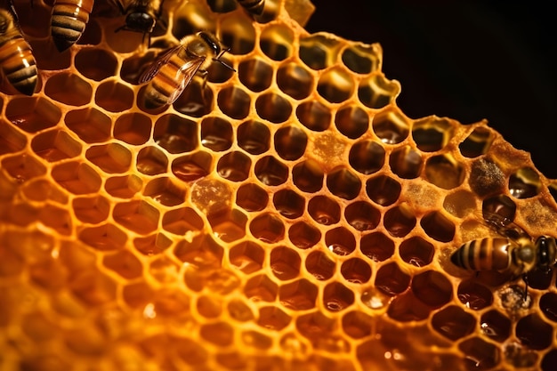 Bees on a honeycomb closeup Beekeeping concept Generative AI