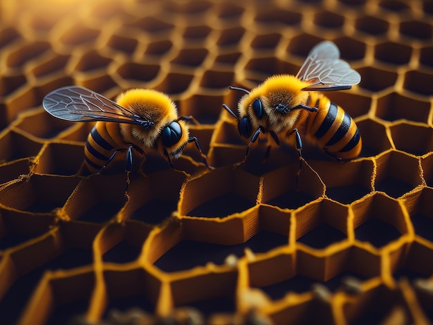 Bees on honeycomb closeup Generative AI