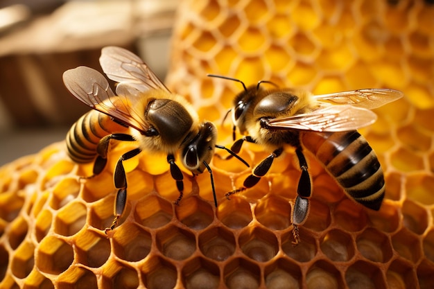 Bees on a honeycomb that is made