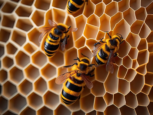 Bees on honeycomb top view ai generative