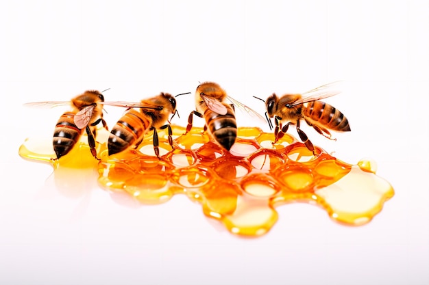 Bees on honeycomb on white isolated background Homemade honey and bees