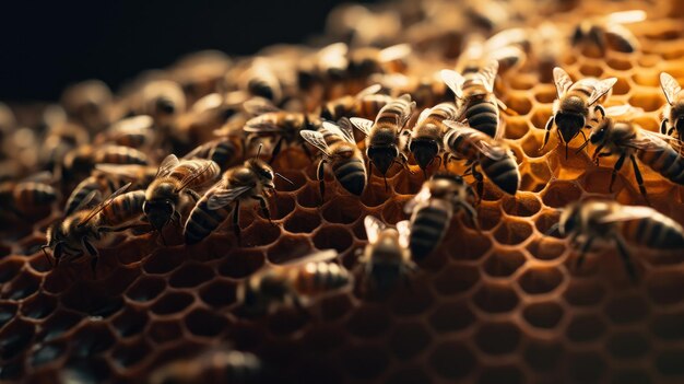 Bees on a honeycomb with a black background