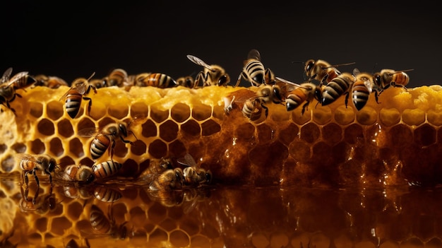 검은색 배경의 벌집에 있는 꿀벌