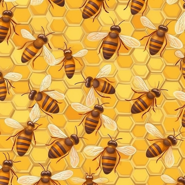 bees on a honeycomb with honey in the background generative ai