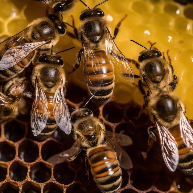 Bees on a honeycomb, with the word bee on the top.