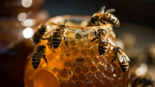 Bees on a honeycomb with the word honey on it