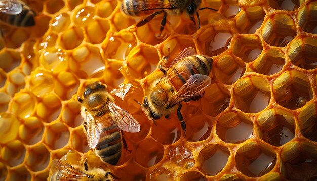 bees on honeycombs honey background