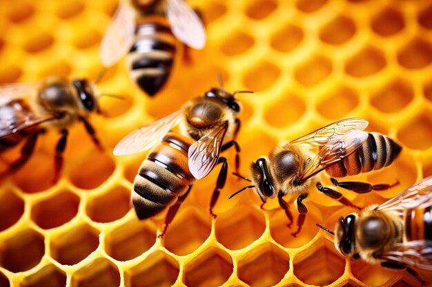 Bees on honeycombs with honey