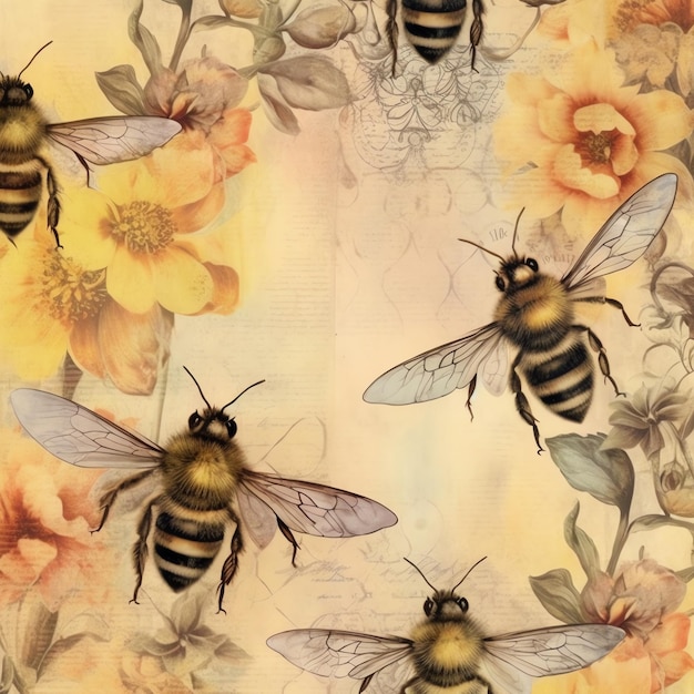 Bees old paper vintage digital paper