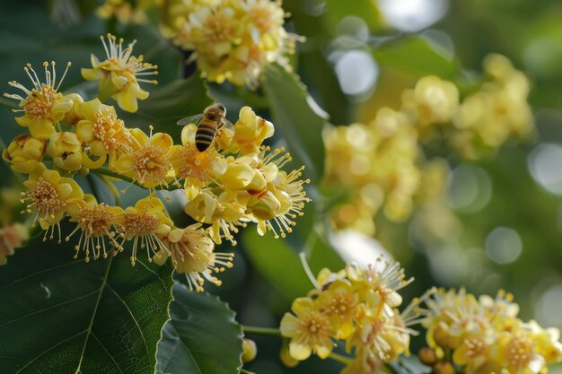 Пчелы опыляют цветы Пчелы собирают нектар Пчелы летают вокруг цветов Голубой фон