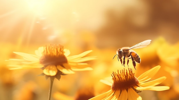 bees pollinate flowers in the morning fog of the last days of summer landscape silence and beauty of wildlife in early autumn