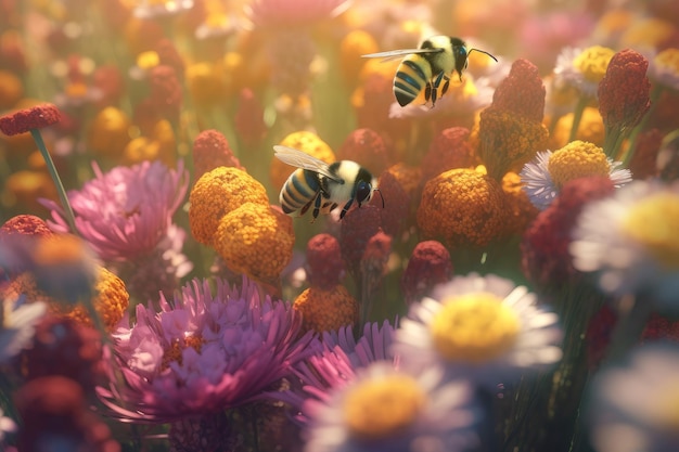 Пчелы на весенних цветах Генерировать Ai