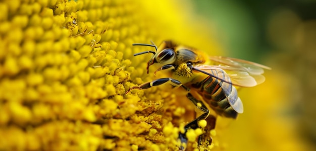 ミツバチは花から花粉を吸うクローズアップ写真昆虫のハサミのマクロ写真