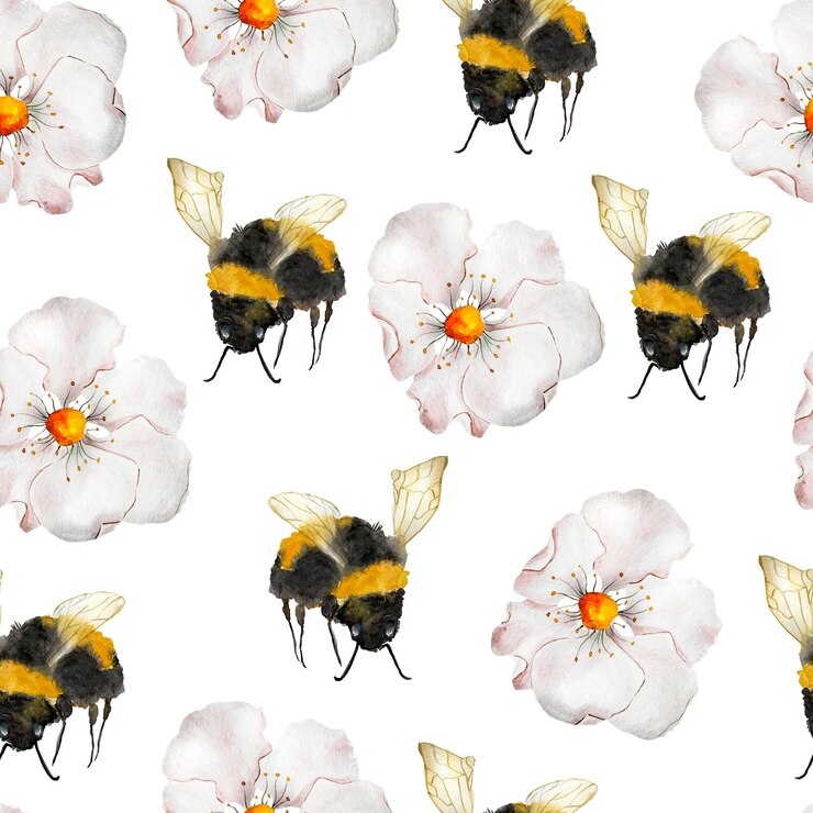 Photo bees and white flowers watercolor seamless pattern