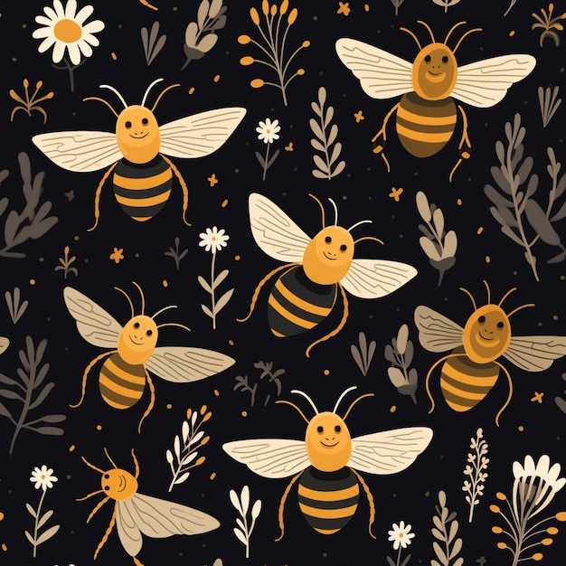 bees with face and flowers pattern