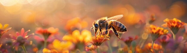 Photo bees at work among vibrant flowers