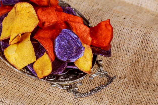 Beet and carrot salty chips in the Potato red blue chips