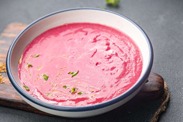 beet cream soup beetroot soup first dish meal food snack on the table copy space food background