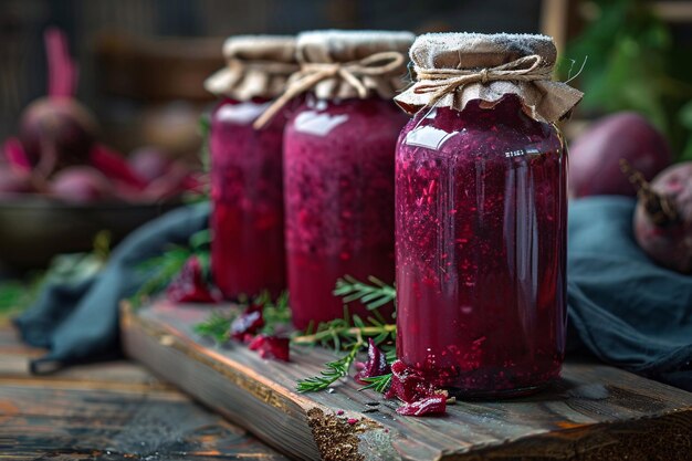 Photo beet kvass jars on a wooden table