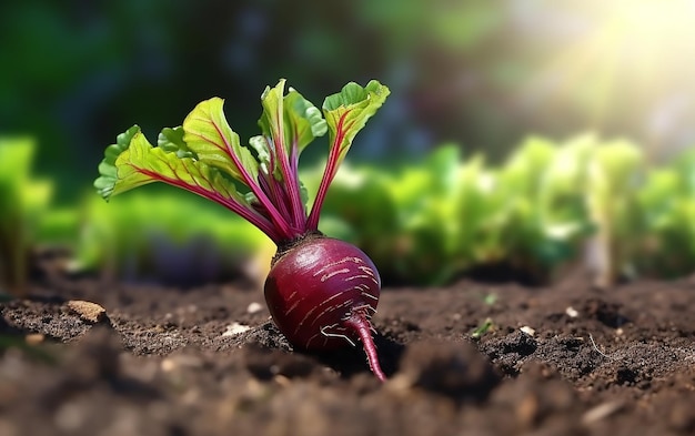 A beet plant in the soil with the sun shining on it.