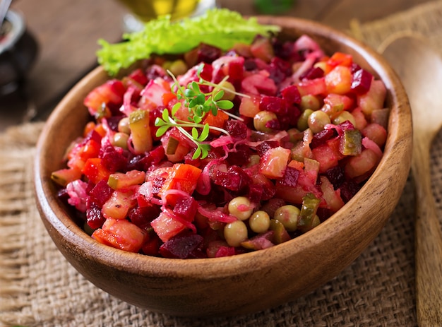 Beet salad Vinaigrette in a wooden bowl