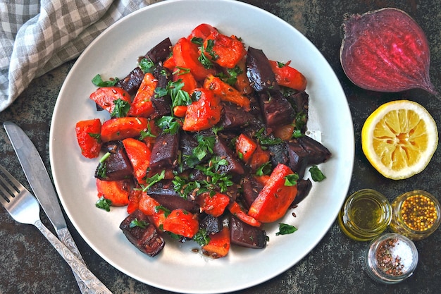 Beet salad with carrots and pumpkin. Vegan Cleansing Salad Healthy eco food.