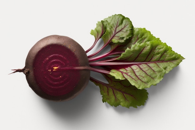 A beet with green leaves and a leafy top.